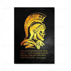 A gold-toned illustration of a warrior's profile with a helmet and crest against a black background, featuring the quote You 