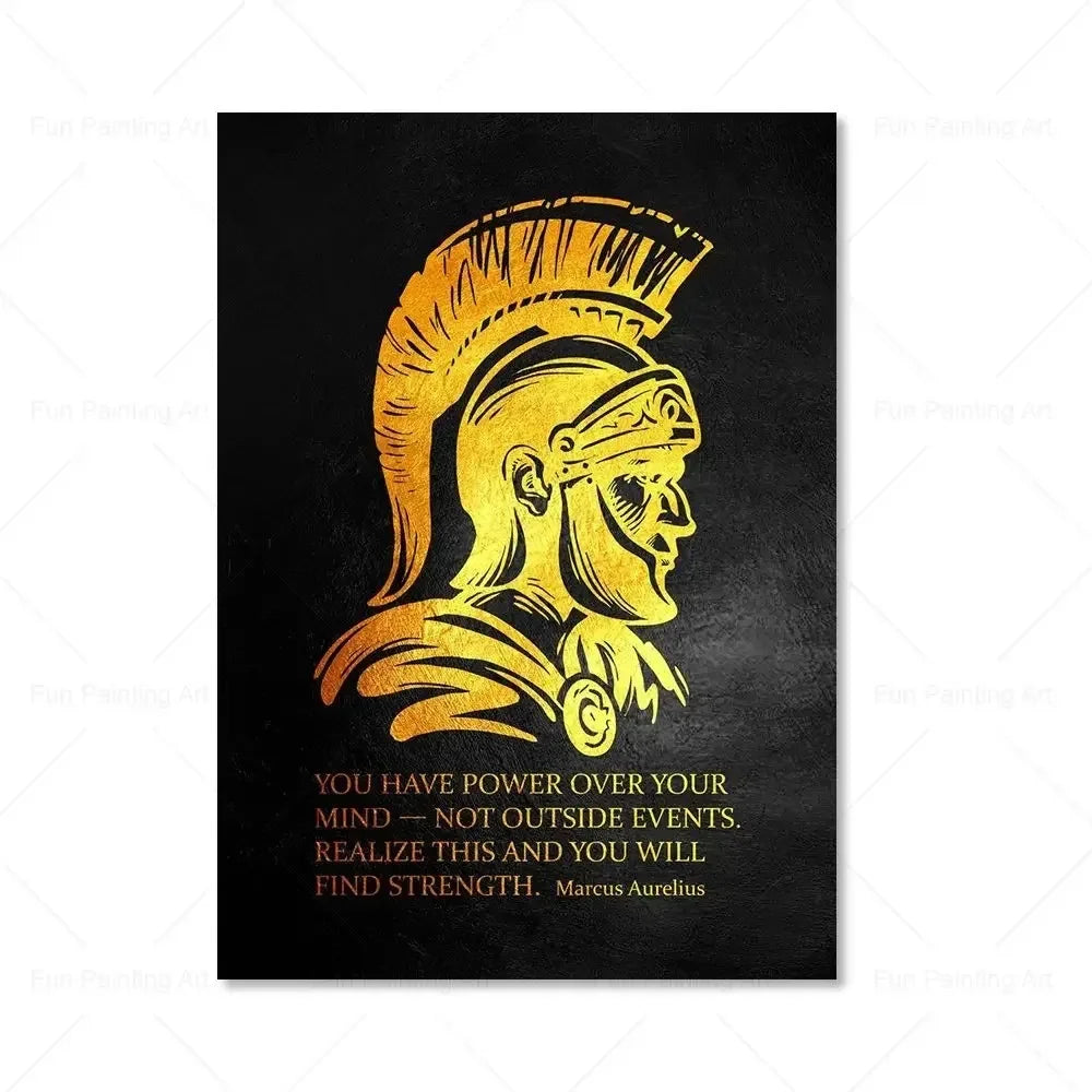 A gold-toned illustration of a warrior's profile with a helmet and crest against a black background, featuring the quote You 