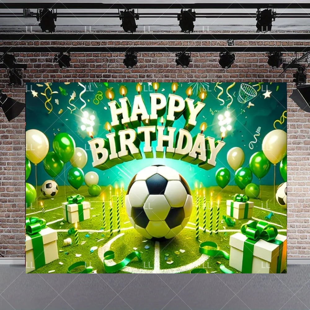 A vibrant soccer field backdrop for a birthday celebration featuring a football, balloons, and festive decorations.