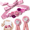 Pink floral maternity sash and corsage pin set with a satin ribbon bow