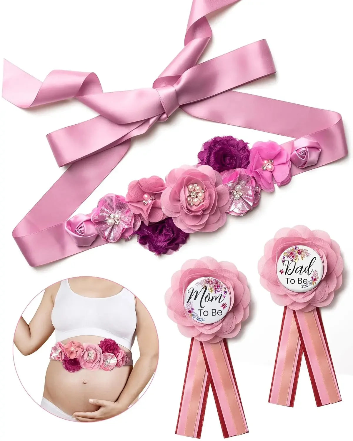 Pink floral maternity sash and corsage pin set with a satin ribbon bow