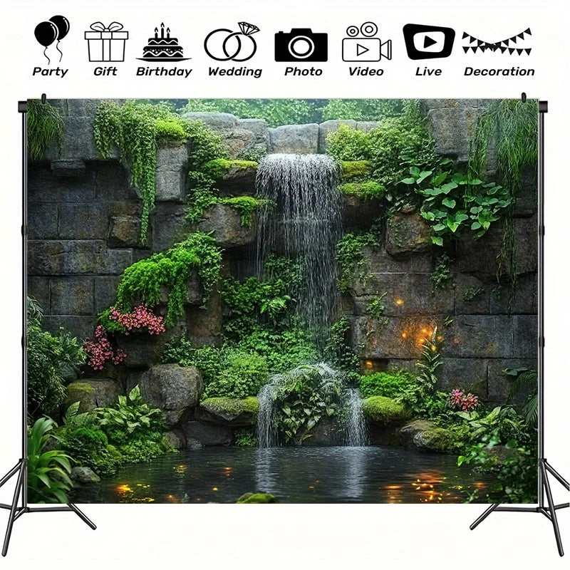 A vertical banner featuring a realistic stone waterfall and lush green plants for event decoration.