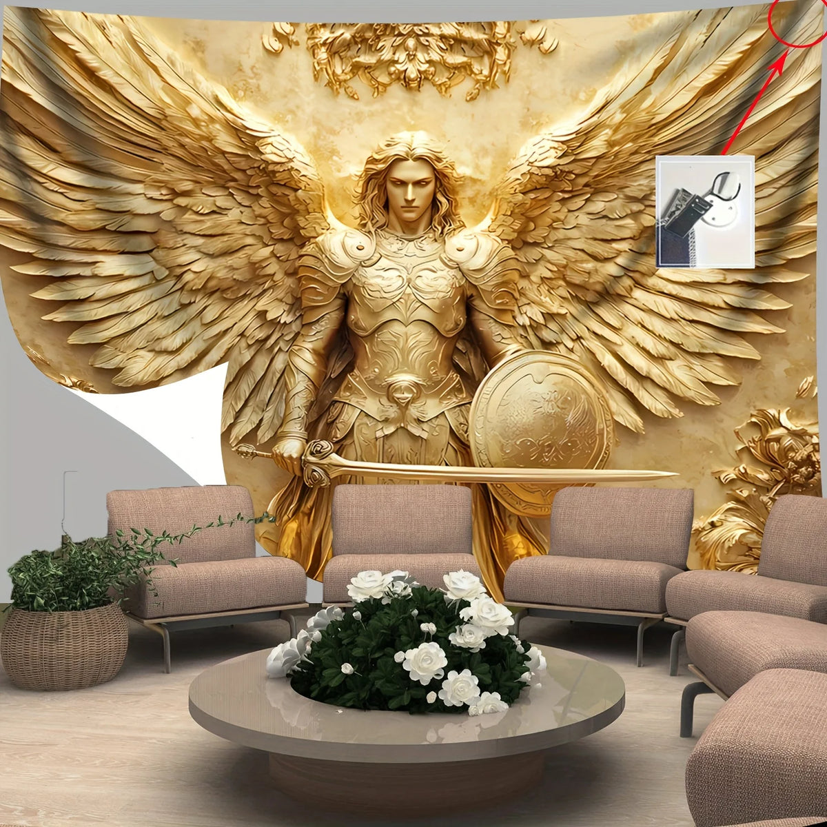 Golden tapestry featuring an archangel Michael with large feathered wings, used as luxury wall decor.