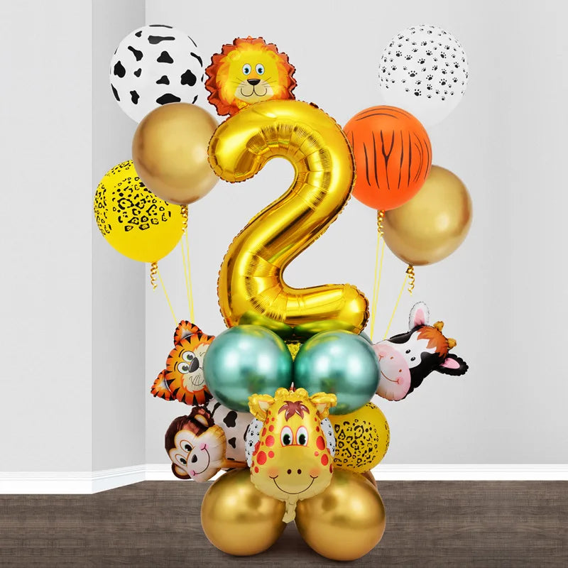 A balloon decoration set featuring gold and orange balloons with animal print patterns like leopard, lion, and zebra.
