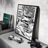 A framed piece of black and white anime wall art featuring a detailed, fierce chainsaw man-like face.