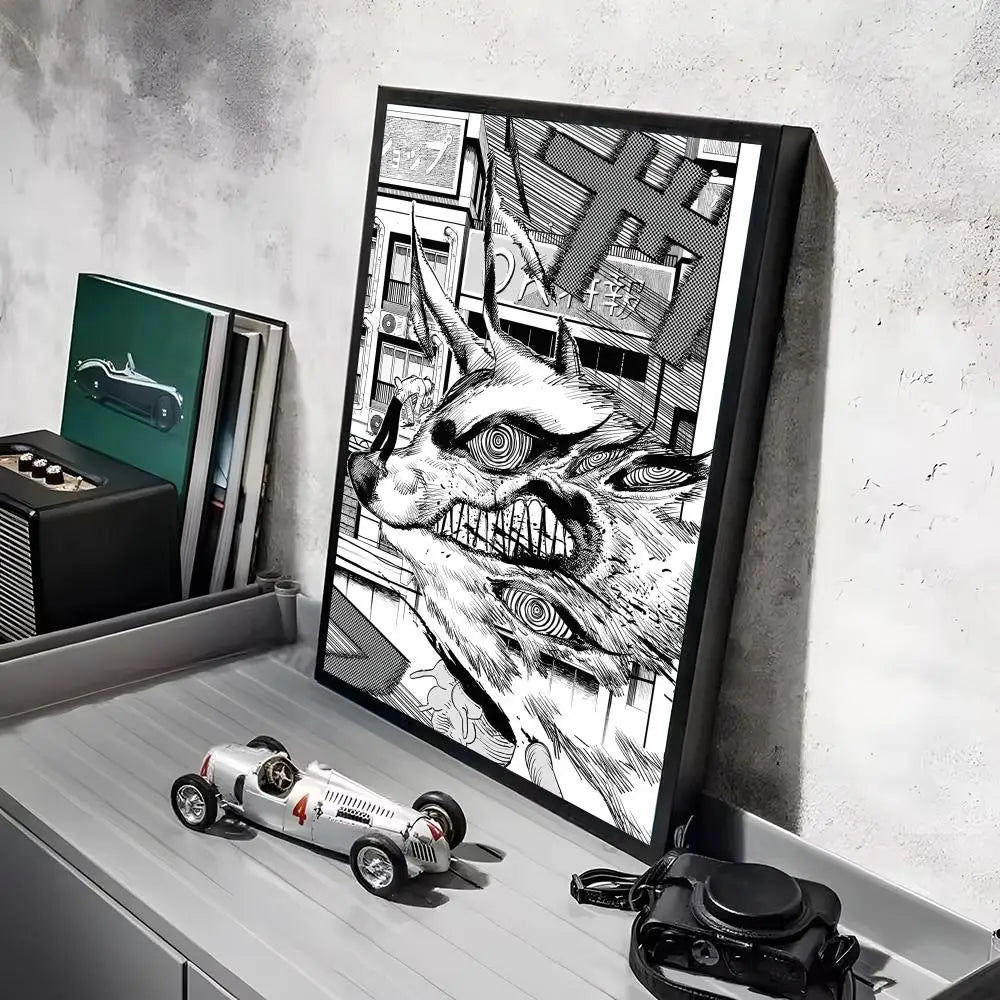 A framed piece of black and white anime wall art featuring a detailed, fierce chainsaw man-like face.
