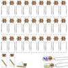 A collection of mini glass bottles with cork stoppers, some filled with colorful materials and others featuring silver chains