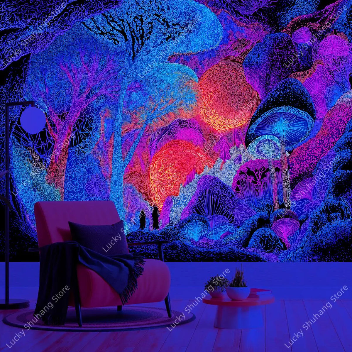 A vibrant tapestry featuring glowing geometric patterns in neon blue, purple, and pink hues.