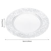 A white glass charger plate with an embossed silver pattern, measuring 33cm in diameter and 2cm thick.