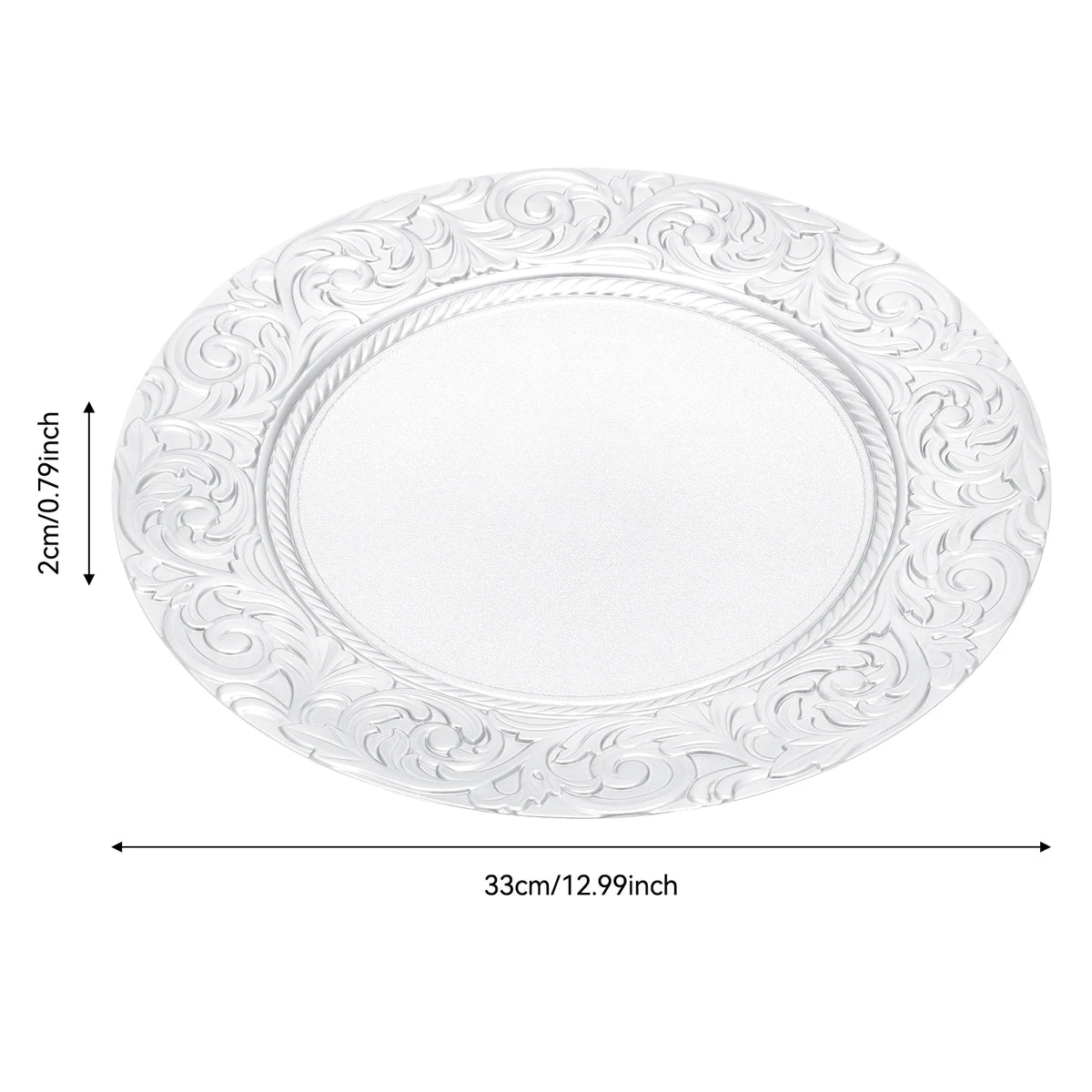 A white glass charger plate with an embossed silver pattern, measuring 33cm in diameter and 2cm thick.
