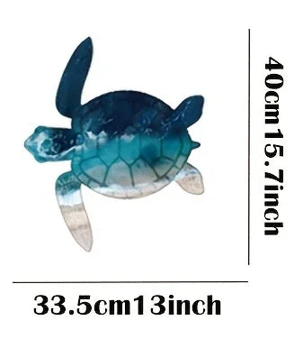 A teal and white turtle sculpture made of rustic iron, displayed against a white background.
