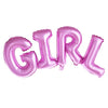 Pink foil letter balloons spelling the word GIRL for a gender reveal party