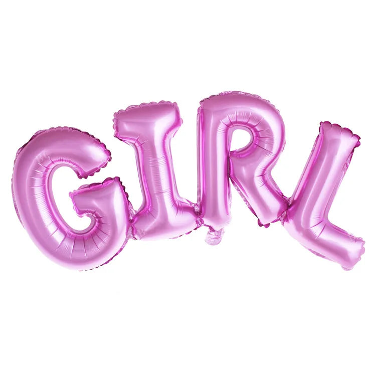Pink foil letter balloons spelling the word GIRL for a gender reveal party