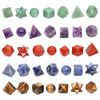 A collection of ten polished geometric crystals in various shades of green, purple, and red.