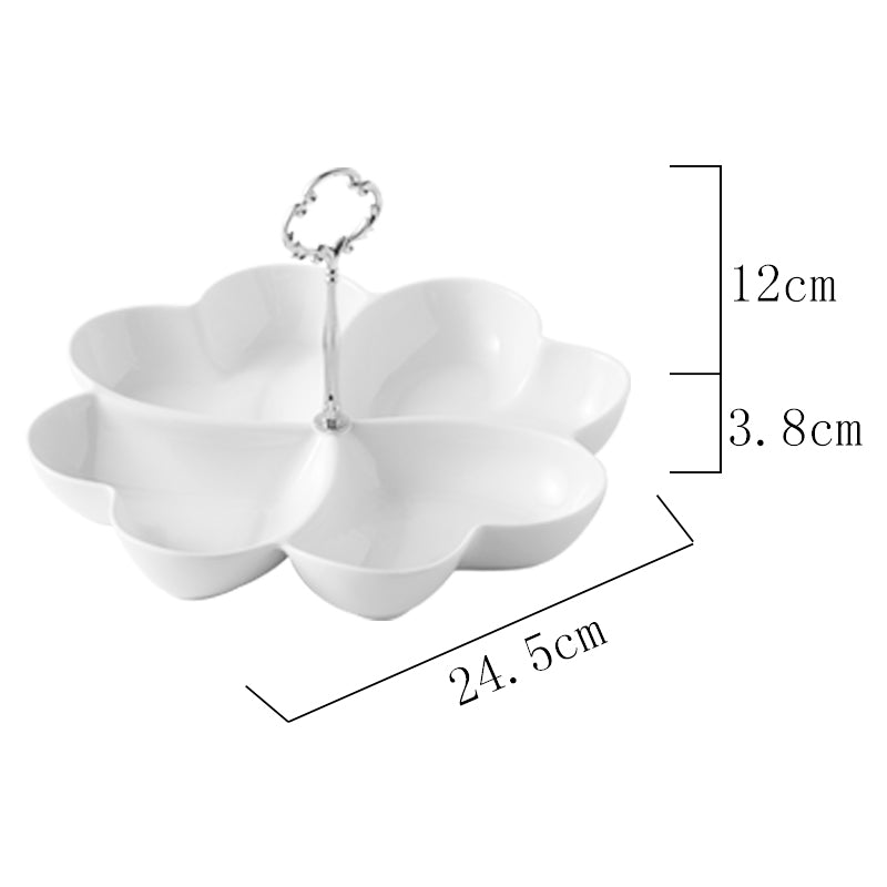 Weiße Keramik-Snacktablett mit vier Fächern und Hängeöse.