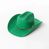 A green wool cowboy hat with a brown studded leather band shown from above.