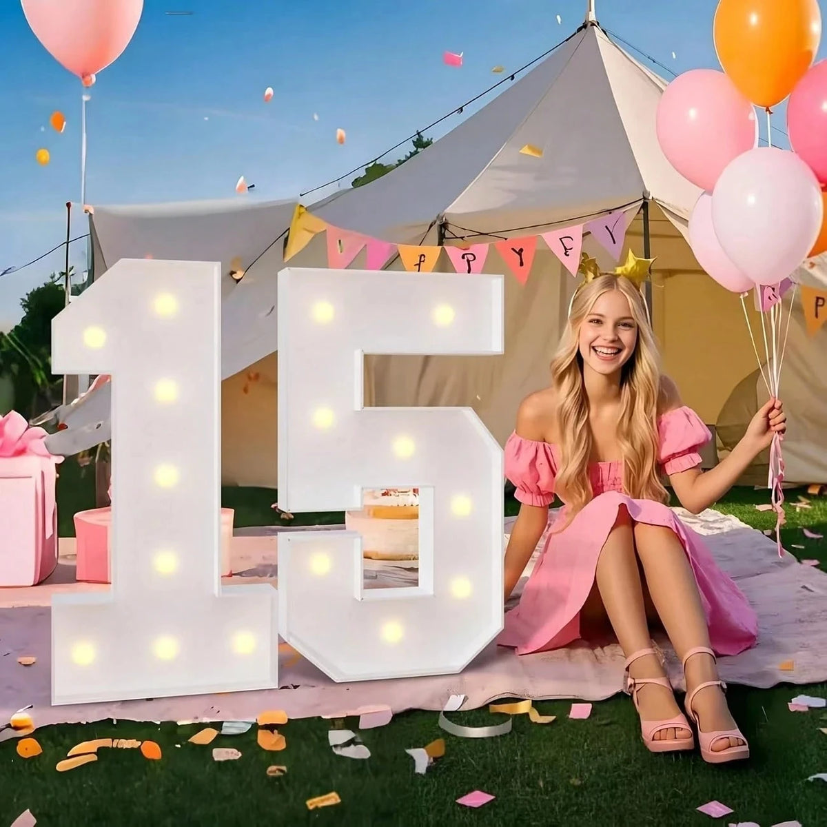 A smiling young woman sits in front of a large white marquee number 15 made of LED lights with pink and orange balloons in th