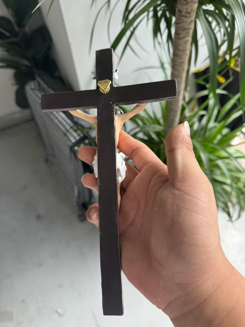 A hand holds a dark wood crucifix with a gold-colored nail, against a blurred green plant background.