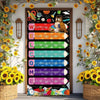 A vertical banner featuring the word 'WELCOME' written in colorful letters surrounded by floral decorations and books.