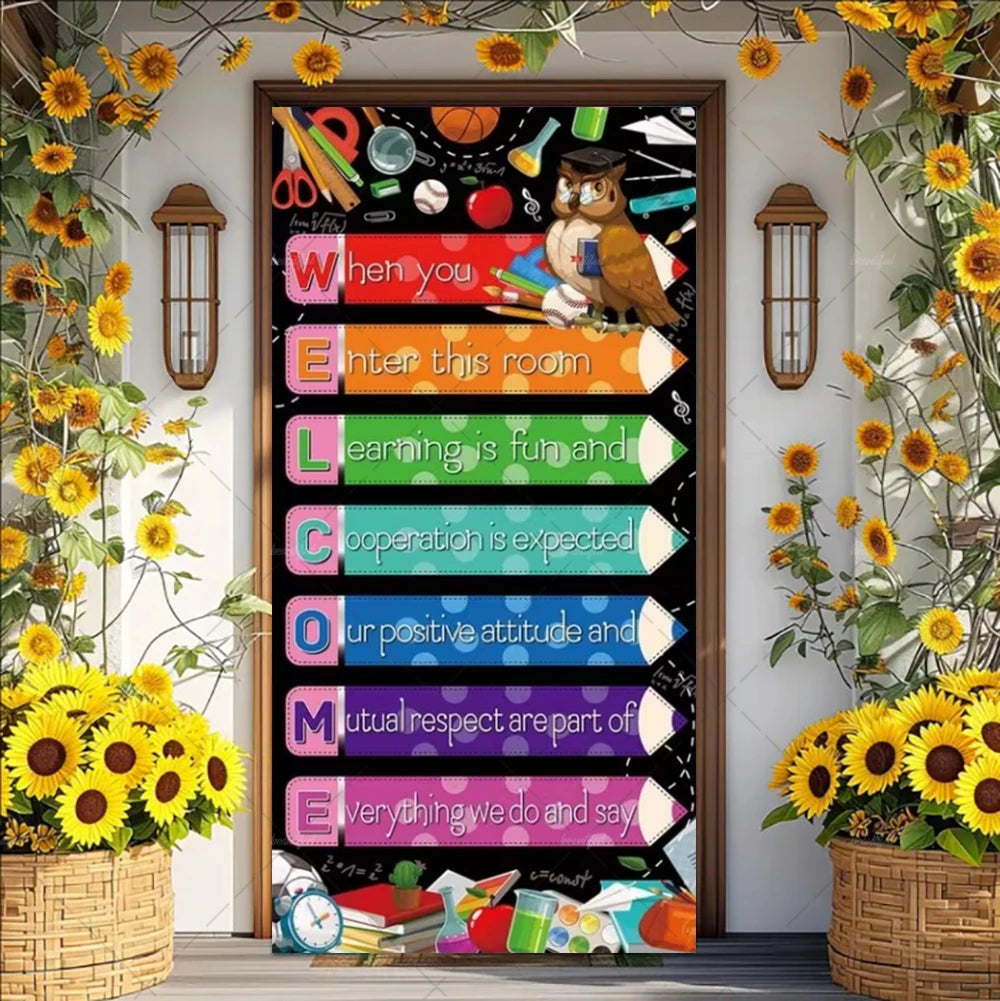 A vertical banner featuring the word 'WELCOME' written in colorful letters surrounded by floral decorations and books.