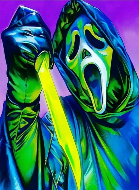 A hand wearing a green hooded costume holds a yellow knife, depicting the Ghost Face character.