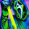 A hand wearing a green hooded costume holds a yellow knife, depicting the Ghost Face character.