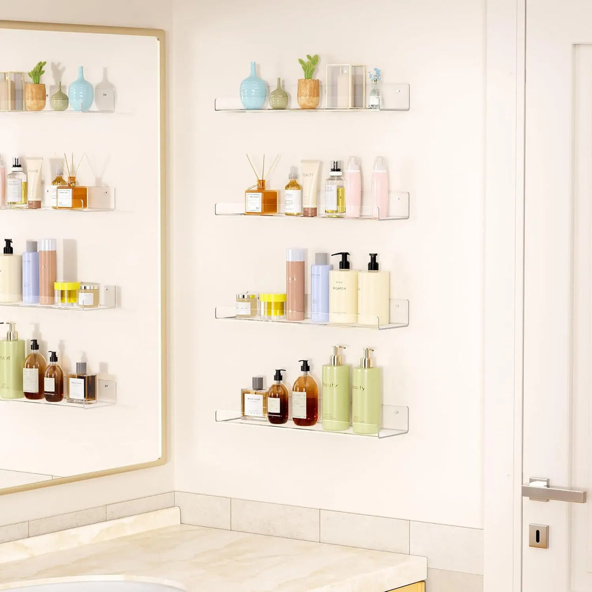 A display of various skincare and cosmetic bottles stored on a clear acrylic floating rack set.