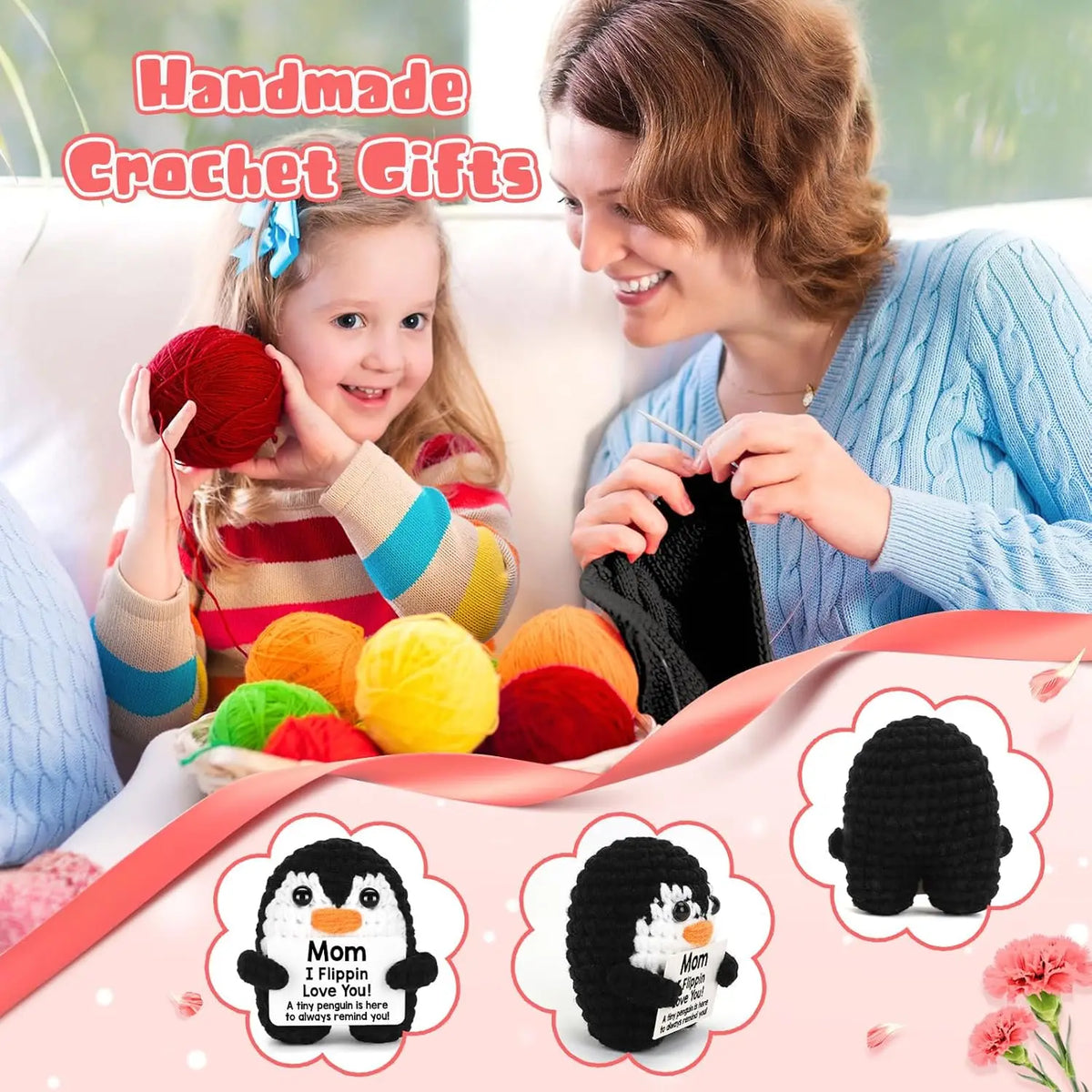 A woman is making a crochet penguin plush doll for a child, surrounded by colorful yarn and finished products.