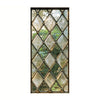 A rectangular glass window pane featuring a diamond lattice pattern with a distressed green tint.