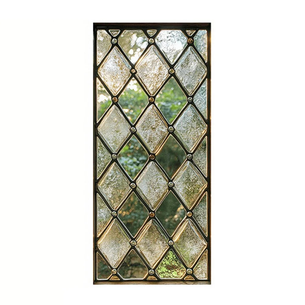 A rectangular glass window pane featuring a diamond lattice pattern with a distressed green tint.