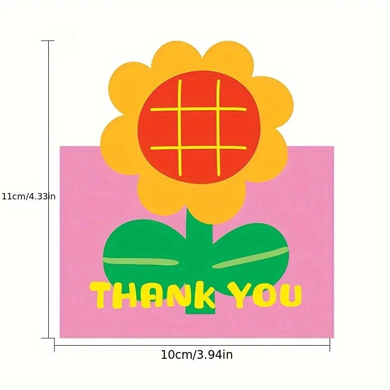 A pink card featuring a large yellow flower with a red center and green leaves, with the text THANK YOU below.