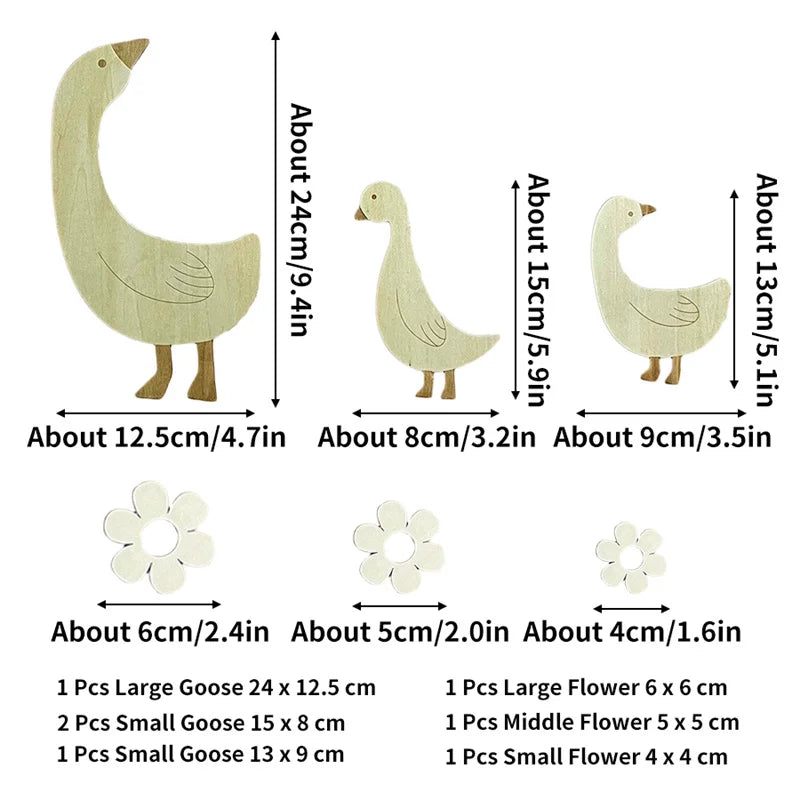 Handcrafted wooden goose wall art featuring floral accents in various sizes and quantities