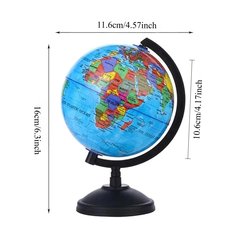 A desktop educational globe showing the Earth's surface with an HD English world map.