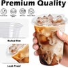 A hand holds a clear plastic cup filled with iced coffee and milk, demonstrating a rolled rim and leak proof design.