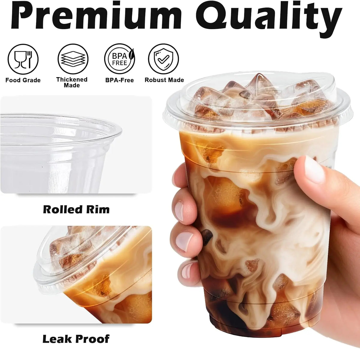 A hand holds a clear plastic cup filled with iced coffee and milk, demonstrating a rolled rim and leak proof design.