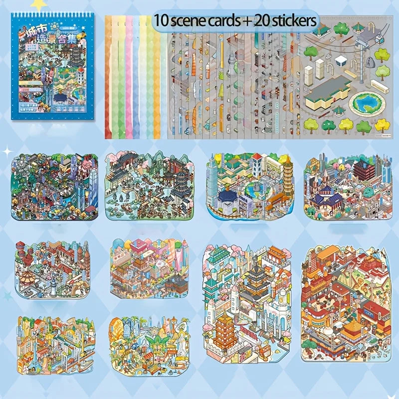 A set of 10 scene cards and 20 stickers featuring various miniature 3D scenes for kids.