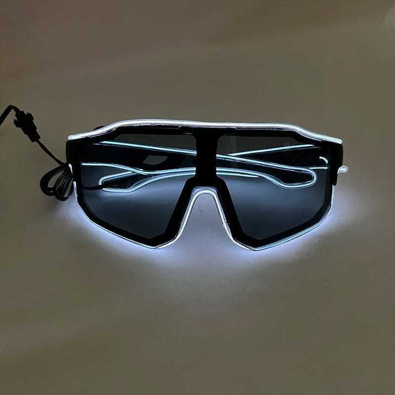 A pair of black sunglasses with glowing blue EL wire outlines on the frame and lenses