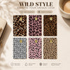 A collection of leopard print card cover stickers in various patterns and colors displayed on a light background.
