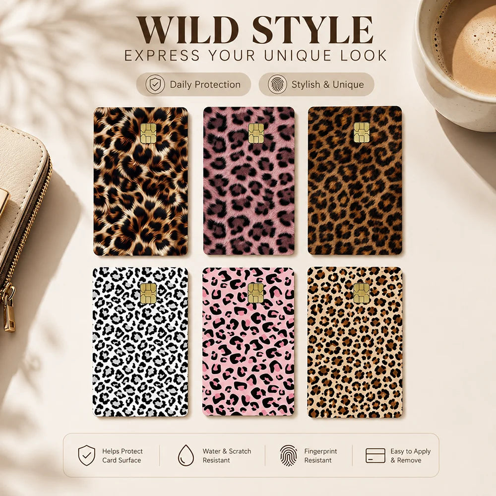 A collection of leopard print card cover stickers in various patterns and colors displayed on a light background.