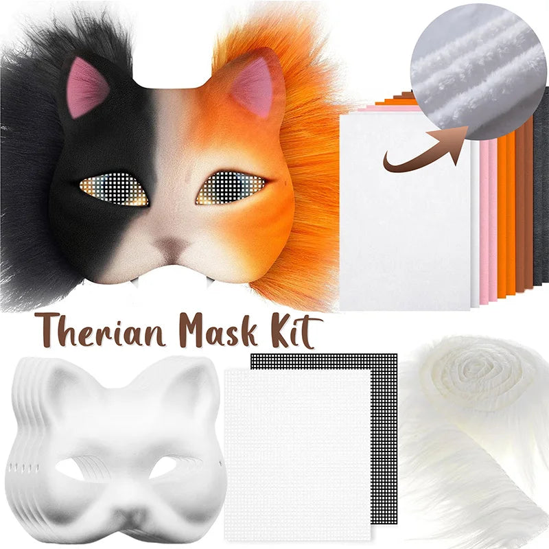 A kit for making a Therian mask featuring paintable fox and cat masks, including a white pulp mask and paper templates.