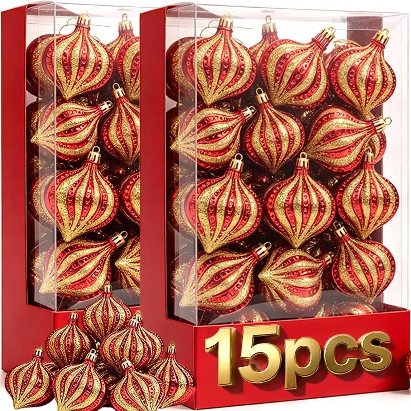 A box of 15 red and gold Christmas ornaments shaped like flat onions.