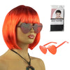 A bright orange red bob wig with short hair is displayed next to a package of heart-shaped sunglasses.