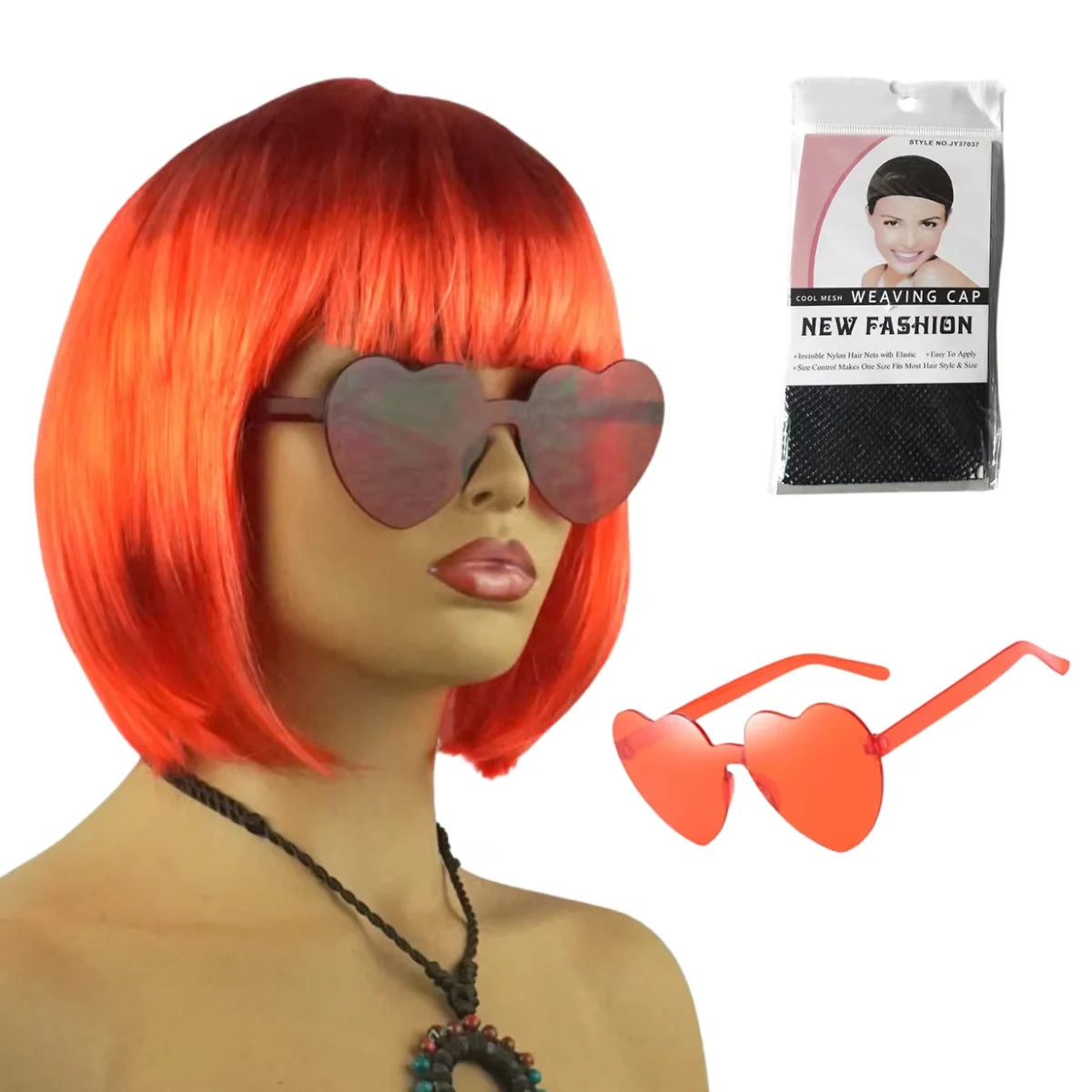 A bright orange red bob wig with short hair is displayed next to a package of heart-shaped sunglasses.