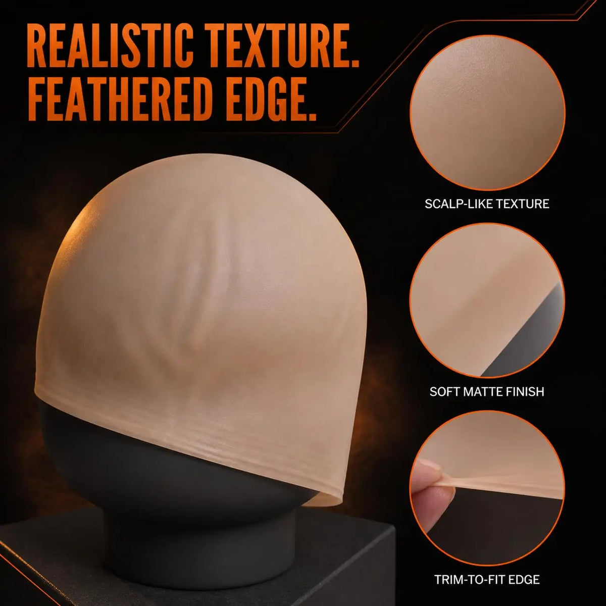 A realistic tan latex bald cap shown with a feathered edge, demonstrating a scalp-like texture and trim-to-fit edge.