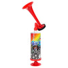 A red reusable air pressure horn with a nozzle and decorative body for sports events.