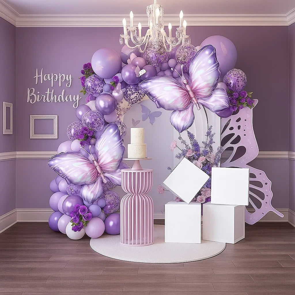 A purple butterfly balloon arch kit featuring balloons, a large butterfly decoration, and curling ribbon for party decor.