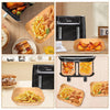 Various food items like french fries and chicken pieces are shown in disposable parchment paper liners for air fryers.