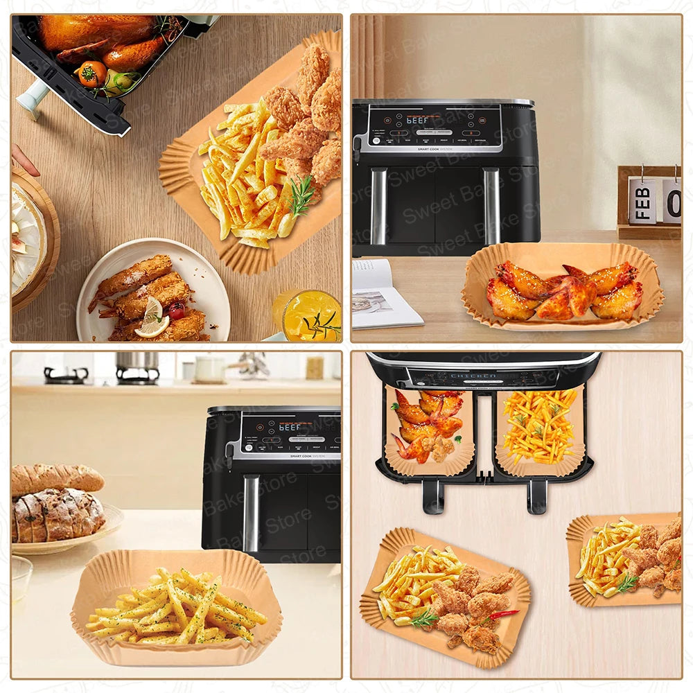 Various food items like french fries and chicken pieces are shown in disposable parchment paper liners for air fryers.