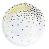 A white plate decorated with gold and black polka dots for a disposable party set.