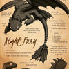 A dark fantasy illustration of a Night Fury dragon with detailed features and text about its abilities.